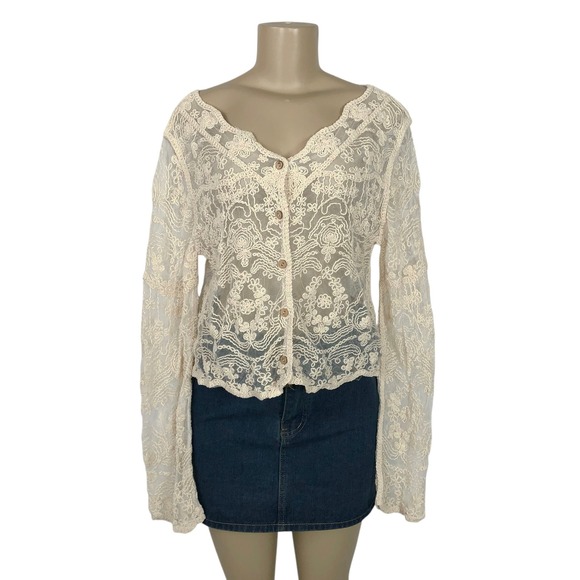 Unbranded Sweaters - Cream Floral Crochet Lace Button Up Cardigan Size Medium Y2K Fairy Boho Festival